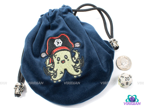 Captain Octopus Dice Bag | Blue, Cute Stitched Pirate Octopus Design, Black String w Skull Accent | Dice Pouch