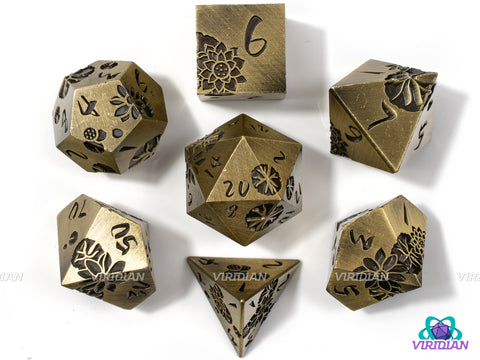 Bronze Lotus | Brushed Bronze/Yellow-Gold with Engraved Flower Design | Metal Dice Set (7)