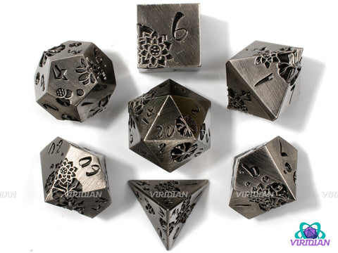 Silver Lotus | Brushed Silver with Engraved Flower Design | Metal Dice Set (7)