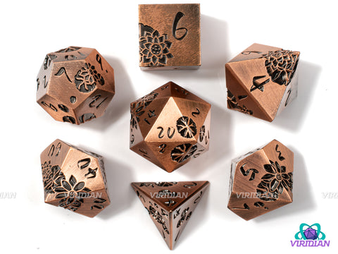 Copper Lotus | Brushed Red-Copper with Engraved Flower Design | Metal Dice Set (7)