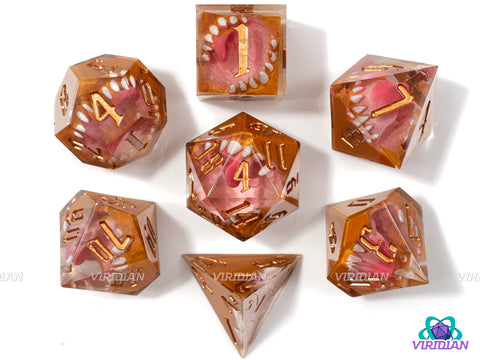 Mimic's Bite | Pink & Red, Transparent, Gold, Sharp-Edged, Mimic Teeth and Mouth | Resin Dice Set (7)