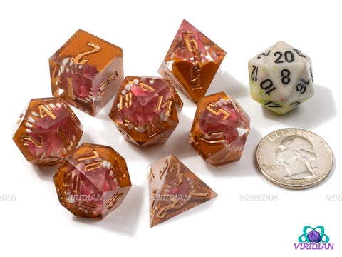 Mimic's Bite | Pink & Red, Transparent, Gold, Sharp-Edged, Mimic Teeth and Mouth | Resin Dice Set (7)