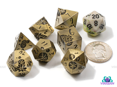 Bronze Lotus | Brushed Bronze/Yellow-Gold with Engraved Flower Design | Metal Dice Set (7)