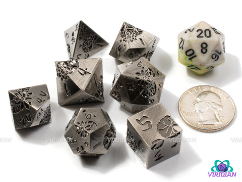 Silver Lotus | Brushed Silver with Engraved Flower Design | Metal Dice Set (7)