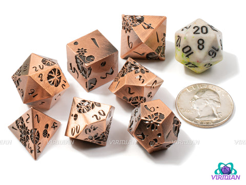 Copper Lotus | Brushed Red-Copper with Engraved Flower Design | Metal Dice Set (7)