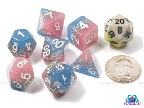 Starstreak | Baby Blue and Baby Pink Layers, Silver Rainbow Glitter | Resin Dice Set (7)