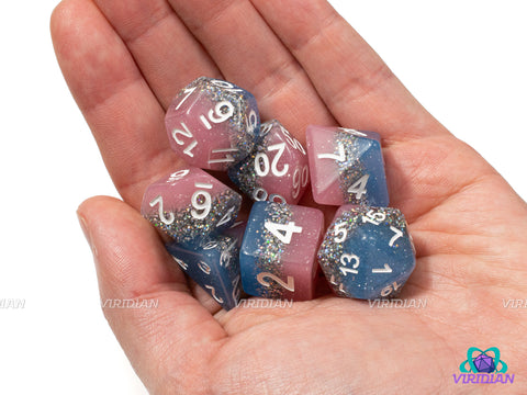 Starstreak | Baby Blue and Baby Pink Layers, Silver Rainbow Glitter | Resin Dice Set (7)