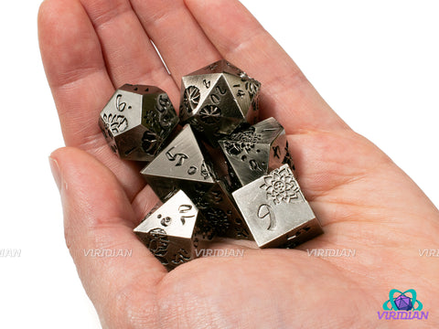 Silver Lotus | Brushed Silver with Engraved Flower Design | Metal Dice Set (7)