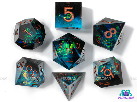 Undertow | Transparent Clear Sharp Edge, Holographic Foil, Black and Cyan Blue Swirls | Resin Dice Set (7)