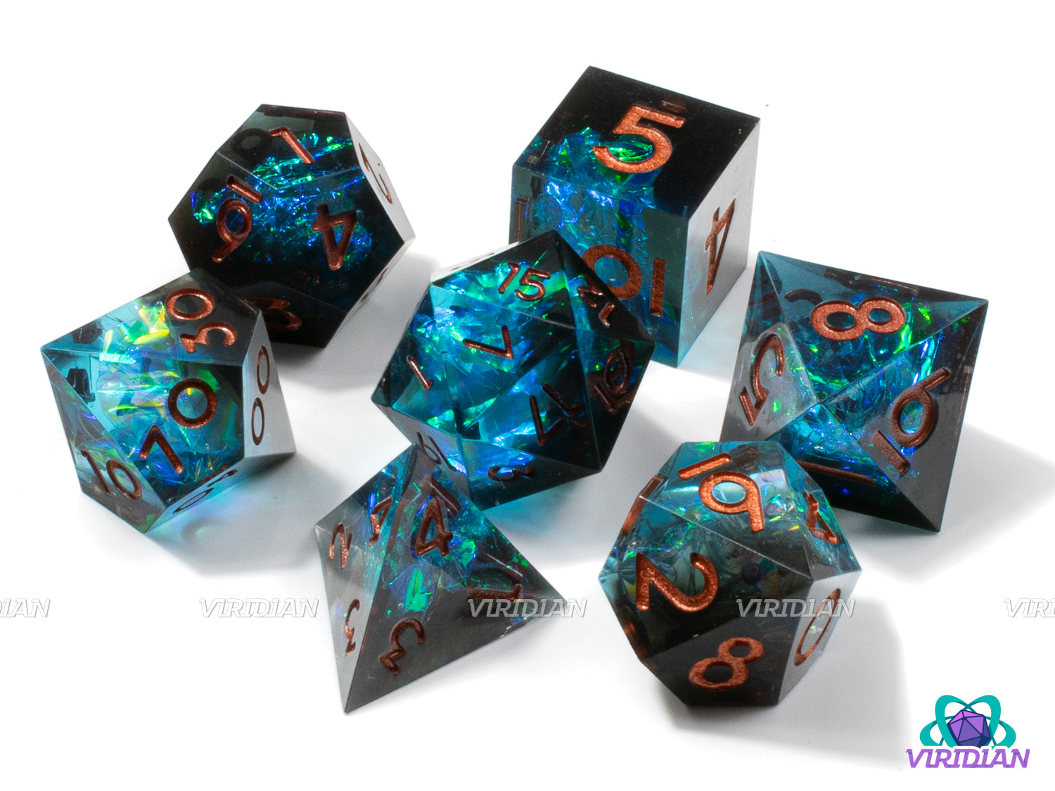 Undertow | Transparent Clear Sharp Edge, Holographic Foil, Black and Cyan Blue Swirls | Resin Dice Set (7)