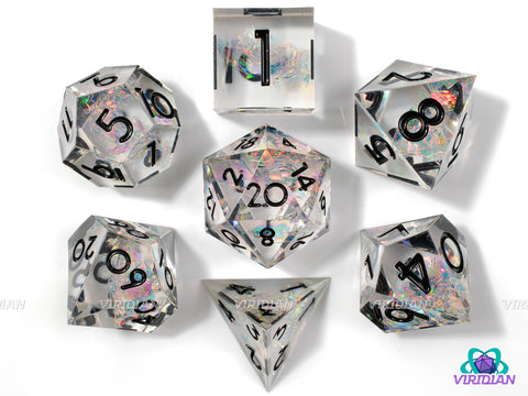 Crystalized | Transparent Clear Sharp Edge, Rainbow Holographic Film Inside | Resin Dice Set (7)