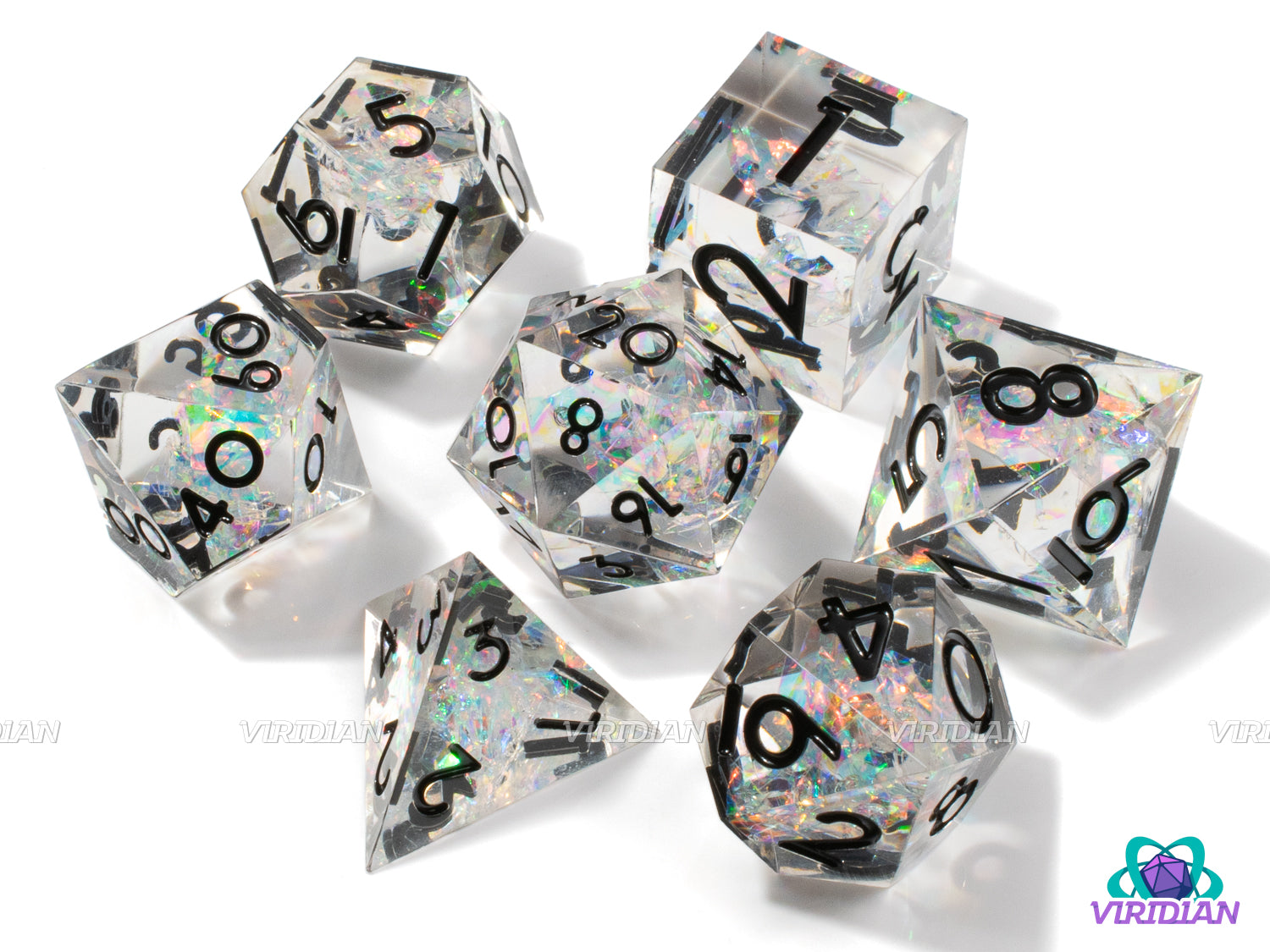 Crystalized | Transparent Clear Sharp Edge, Rainbow Holographic Film Inside | Resin Dice Set (7)