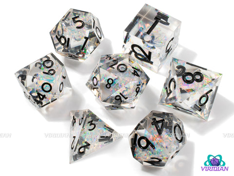 Crystalized | Transparent Clear Sharp Edge, Rainbow Holographic Film Inside | Resin Dice Set (7)