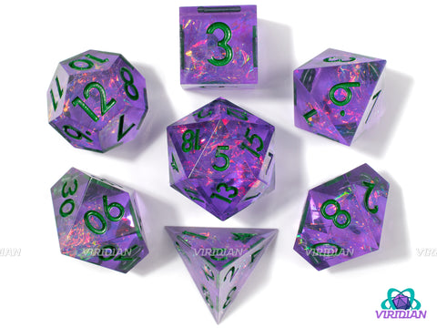 Chaotic Charmer | Translucent Purple, Pink Holographic Film, Dark Green Ink, Sharp Edged | Resin Dice Set (7)