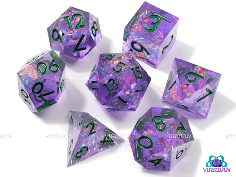 Chaotic Charmer | Translucent Purple, Pink Holographic Film, Dark Green Ink, Sharp Edged | Resin Dice Set (7)