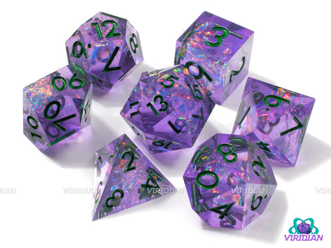 Chaotic Charmer | Translucent Purple, Pink Holographic Film, Dark Green Ink, Sharp Edged | Resin Dice Set (7)