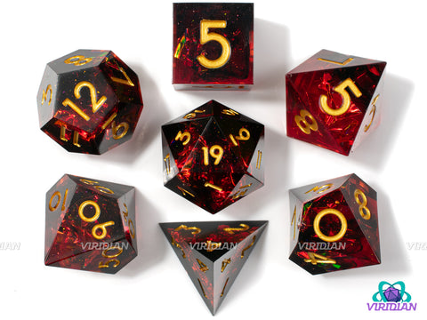 Brimstone | Dark Red, Black Layers, Gold Sparkle, Sharp Edge | Resin Dice Set (7)