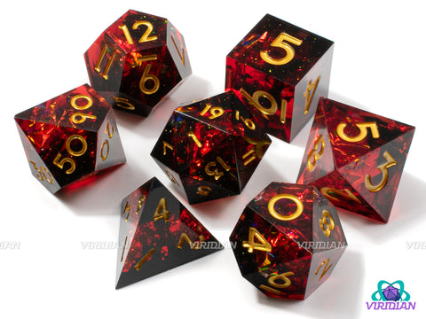 Brimstone | Dark Red, Black Layers, Gold Sparkle, Sharp Edge | Resin Dice Set (7)