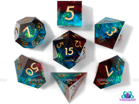 Crimson Tide | Transparent Clear Sharp Edge, Teal and Dark Red Layers, Gold Foil | Resin Dice Set (7)