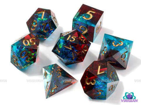 Crimson Tide | Transparent Clear Sharp Edge, Teal and Dark Red Layers, Gold Foil | Resin Dice Set (7)