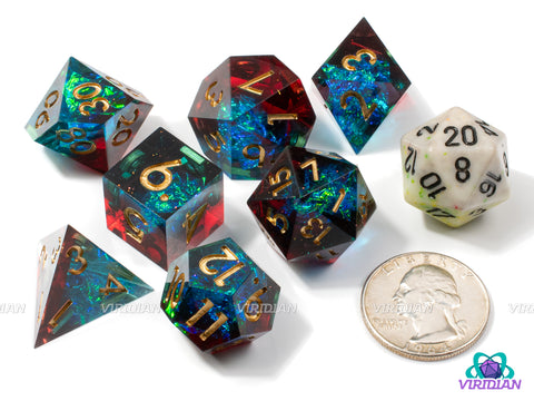 Crimson Tide | Transparent Clear Sharp Edge, Teal and Dark Red Layers, Gold Foil | Resin Dice Set (7)