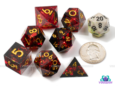 Brimstone | Dark Red, Black Layers, Gold Sparkle, Sharp Edge | Resin Dice Set (7)