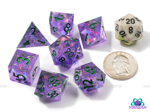 Chaotic Charmer | Translucent Purple, Pink Holographic Film, Dark Green Ink, Sharp Edged | Resin Dice Set (7)