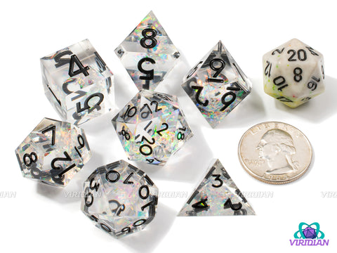 Crystalized | Transparent Clear Sharp Edge, Rainbow Holographic Film Inside | Resin Dice Set (7)