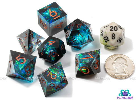 Undertow | Transparent Clear Sharp Edge, Holographic Foil, Black and Cyan Blue Swirls | Resin Dice Set (7)