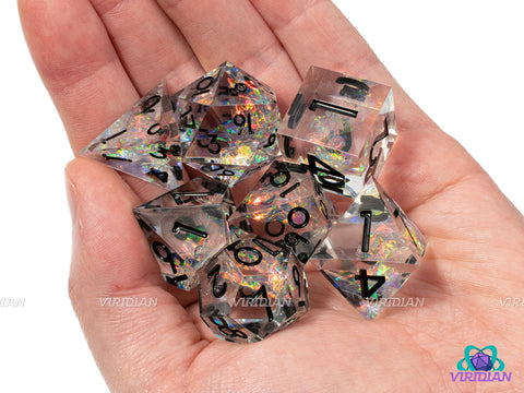 Crystalized | Transparent Clear Sharp Edge, Rainbow Holographic Film Inside | Resin Dice Set (7)