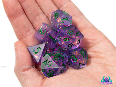 Chaotic Charmer | Translucent Purple, Pink Holographic Film, Dark Green Ink, Sharp Edged | Resin Dice Set (7)