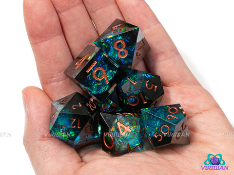 Undertow | Transparent Clear Sharp Edge, Holographic Foil, Black and Cyan Blue Swirls | Resin Dice Set (7)