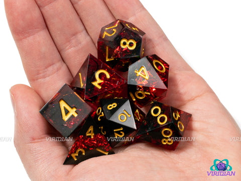 Brimstone | Dark Red, Black Layers, Gold Sparkle, Sharp Edge | Resin Dice Set (7)