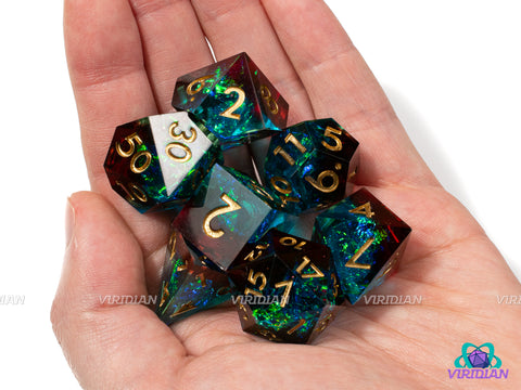 Crimson Tide | Transparent Clear Sharp Edge, Teal and Dark Red Layers, Gold Foil | Resin Dice Set (7)