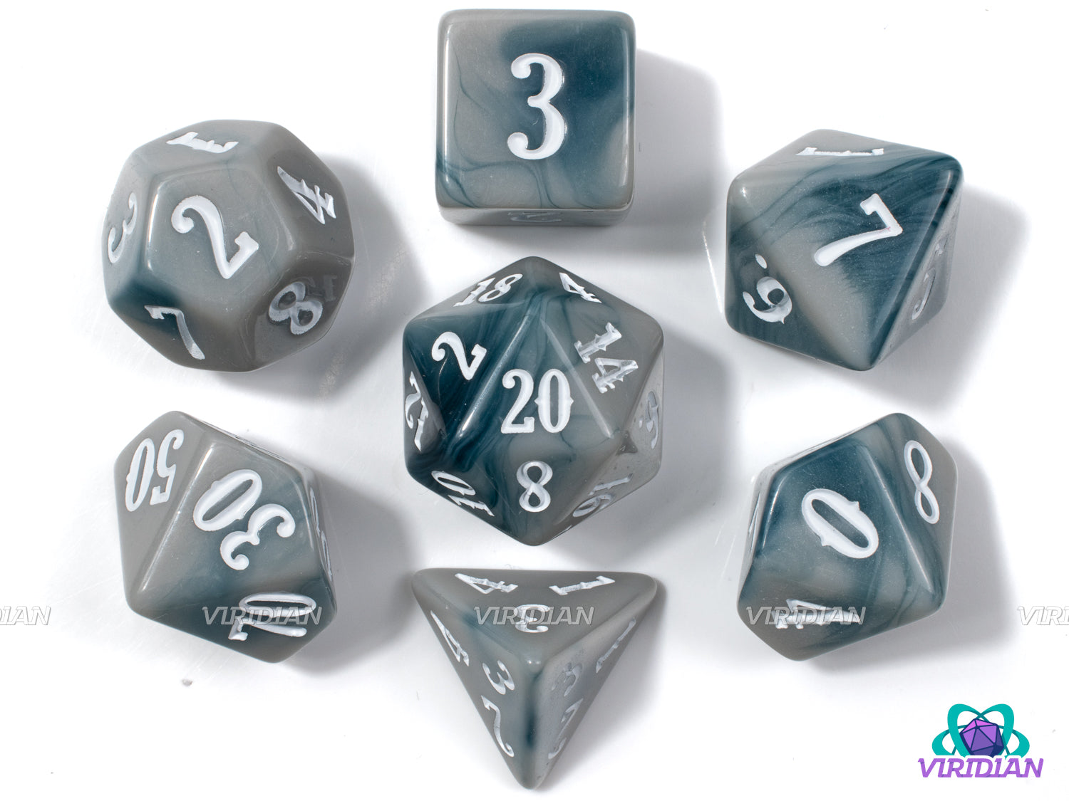 Western: Coldsteel (B-Grade) | Gray and Blue Swirls, Retro/Western Font | Acrylic Dice Set (7)