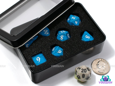 Deep Blue Howlite | Turquoise and Black, White Ink, Natural Cracks | Gemstone Dice Set (7)