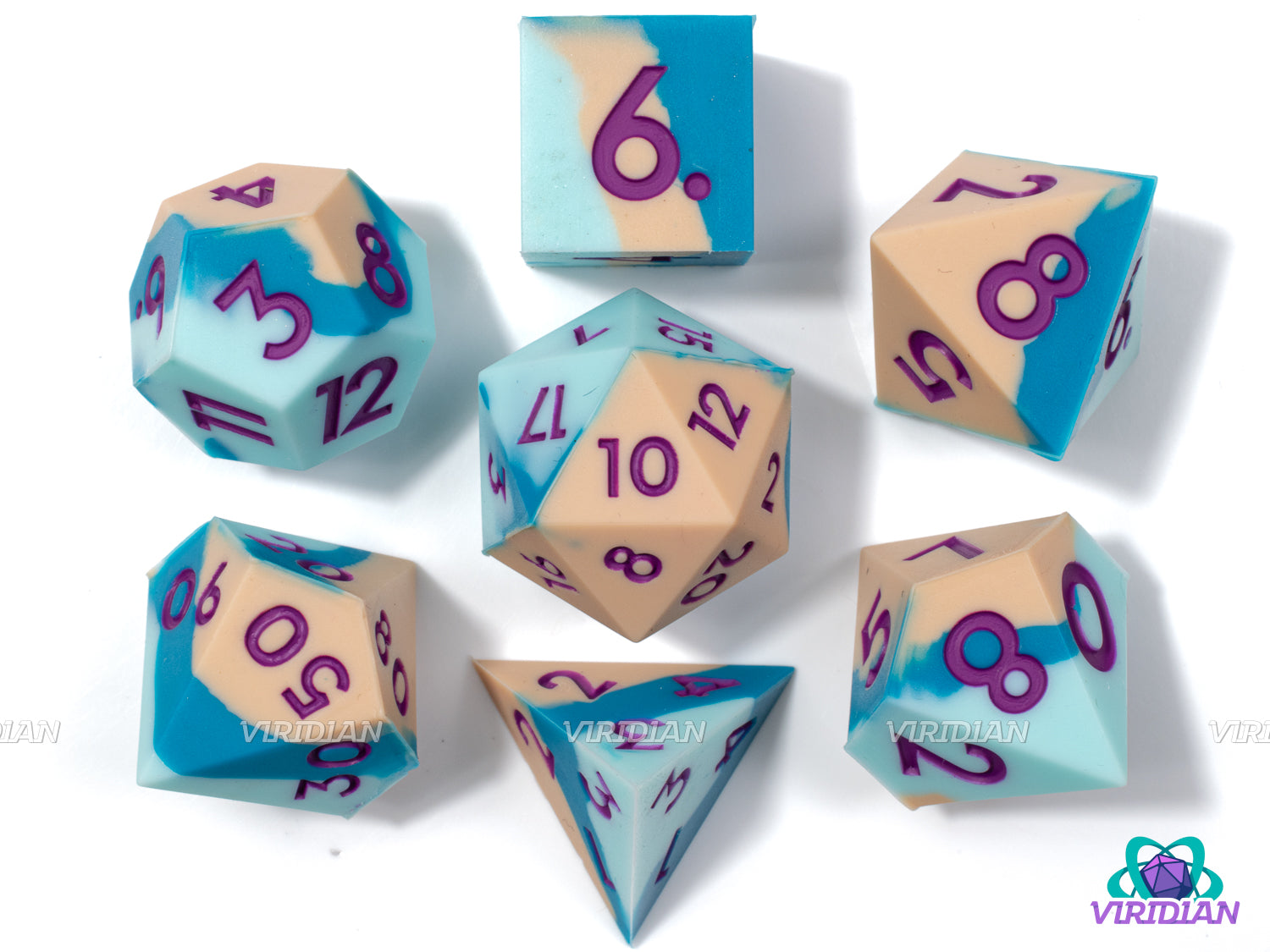 Beach Bum (Silicone) | Sandy Beige, Blue Swirled Layers, Sharp Edge, Bouncy, Rubber-like | Large Silicone Dice Set (7) (Copy)