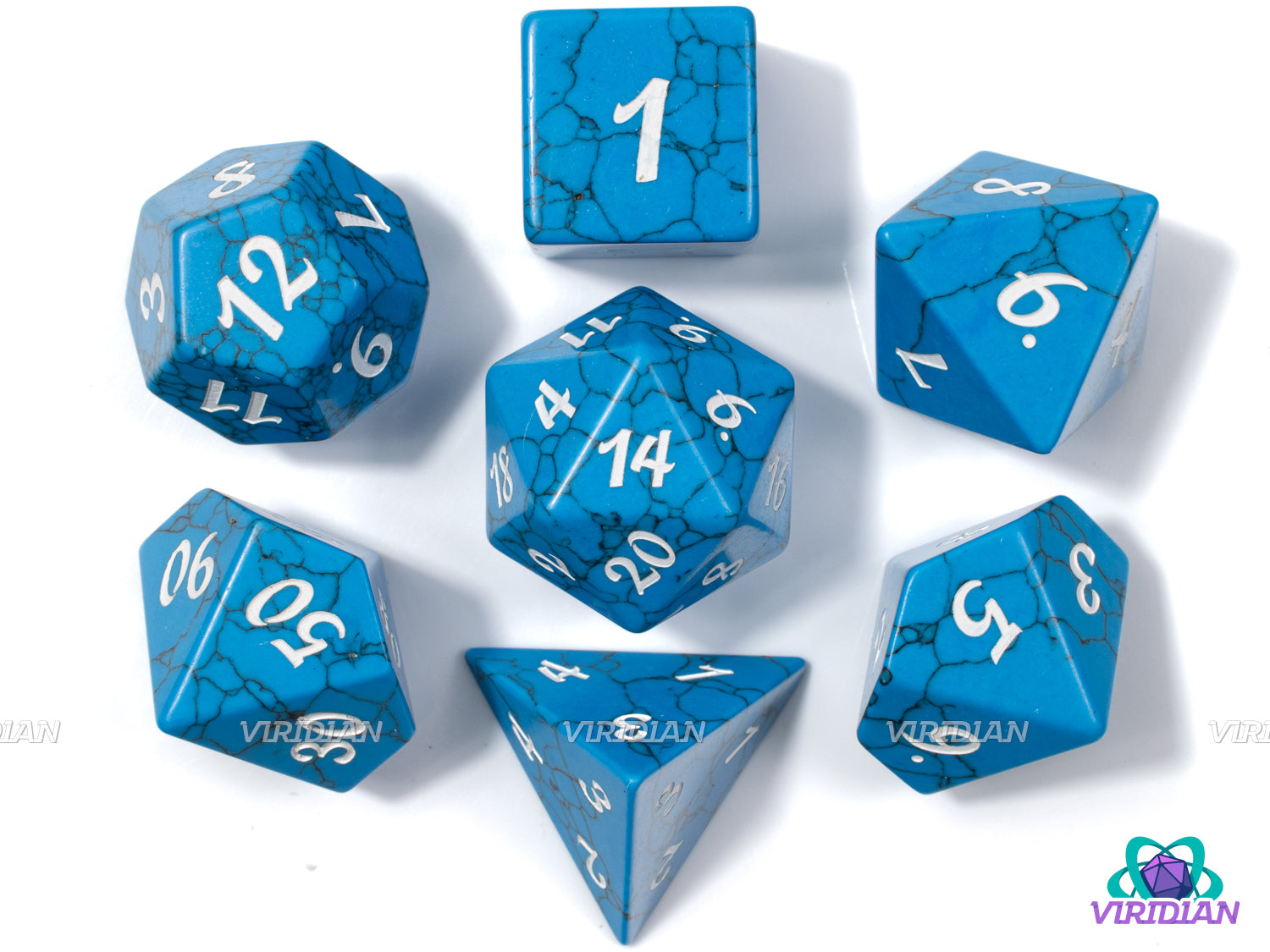 Deep Blue Howlite | Turquoise and Black, White Ink, Natural Cracks | Gemstone Dice Set (7)