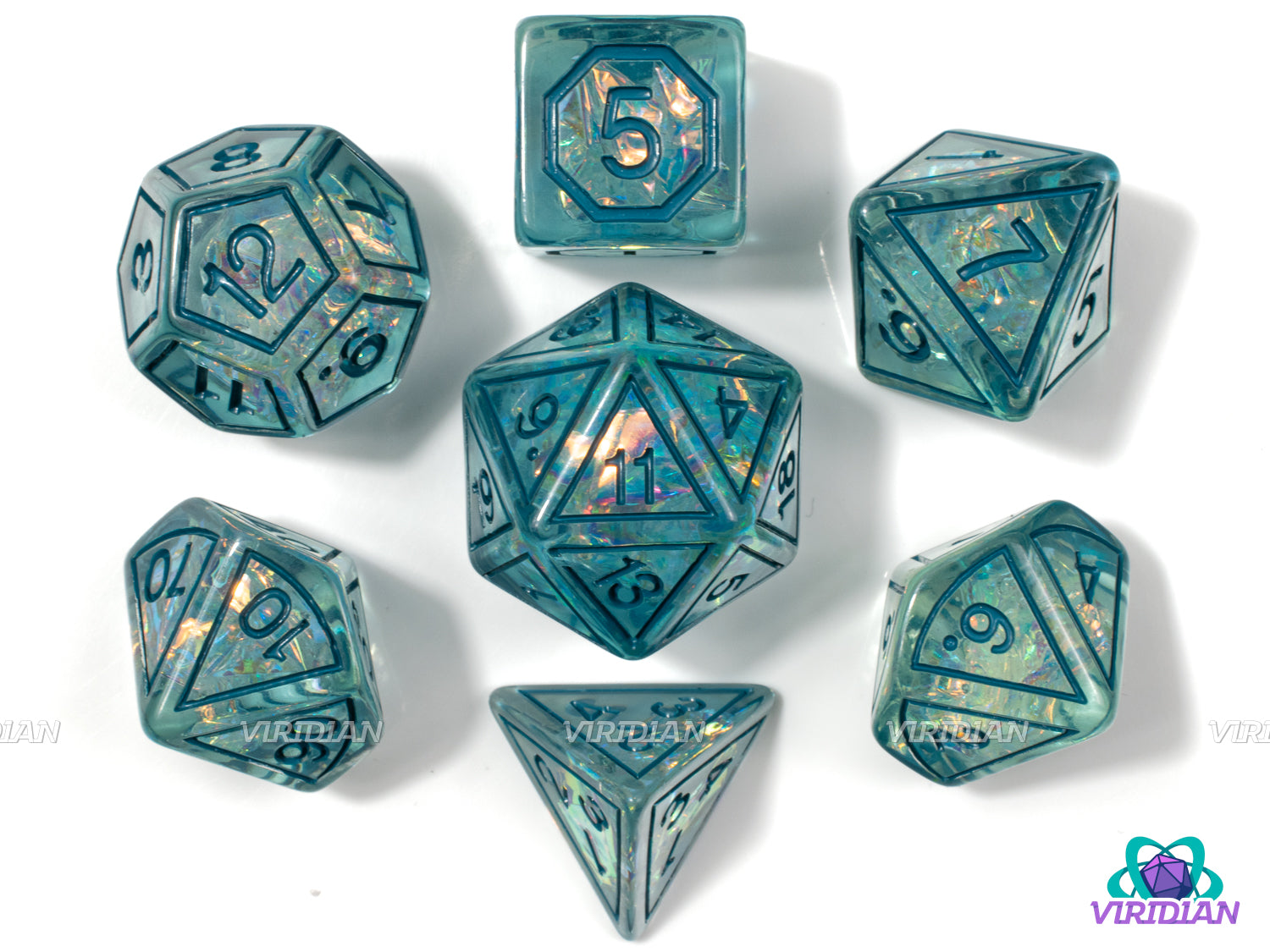 Cyan Magic Stone | Light Blue Translucent, Frame Design, Holographic Film | Resin Dice Set (7)