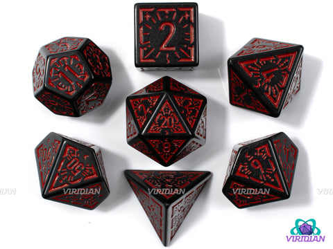 Red Night Stars | Black and Dark Red Ornate Star Design | Acrylic Dice Set (7)