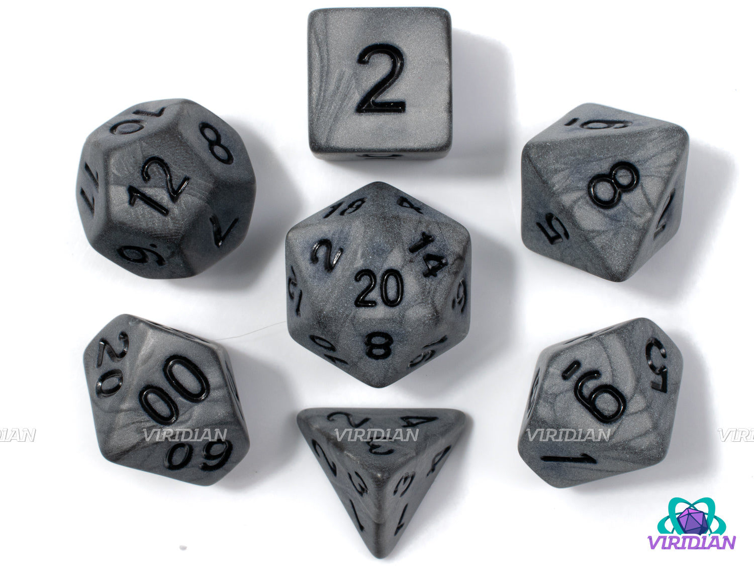 Rock Slide | Pearled Gray and Black Ink, Swirled | Acrylic Dice Set (7)