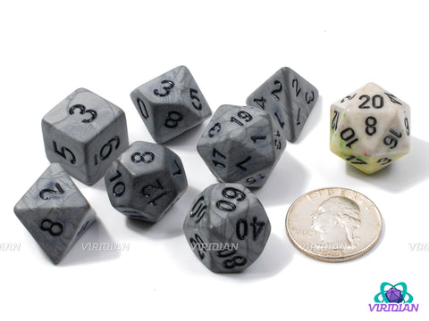 Rock Slide | Pearled Gray and Black Ink, Swirled | Acrylic Dice Set (7)