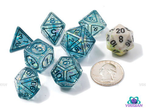 Cyan Magic Stone | Light Blue Translucent, Frame Design, Holographic Film | Resin Dice Set (7)