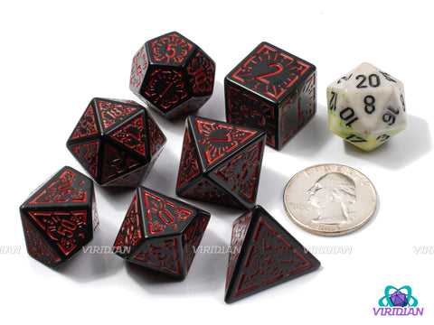 Red Night Stars | Black and Dark Red Ornate Star Design | Acrylic Dice Set (7)