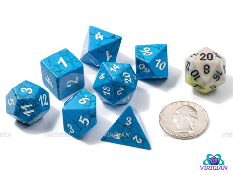 Deep Blue Howlite | Turquoise and Black, White Ink, Natural Cracks | Gemstone Dice Set (7)