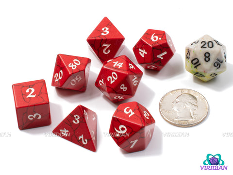 Red Howlite | Bright Red and Black, Natural Cracks, White Ink | Gemstone Dice Set (7)