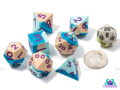 Beach Bum (Silicone) | Sandy Beige, Blue Swirled Layers, Sharp Edge, Bouncy, Rubber-like | Large Silicone Dice Set (7) (Copy)