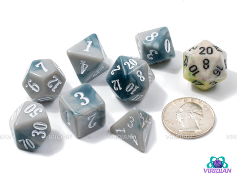 Western: Coldsteel (B-Grade) | Gray and Blue Swirls, Retro/Western Font | Acrylic Dice Set (7)