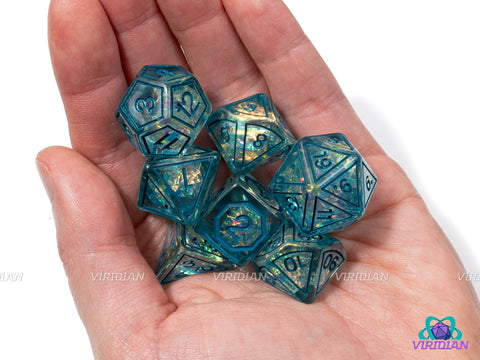 Cyan Magic Stone | Light Blue Translucent, Frame Design, Holographic Film | Resin Dice Set (7)