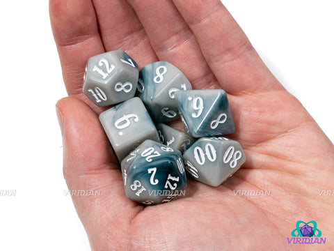 Western: Coldsteel (B-Grade) | Gray and Blue Swirls, Retro/Western Font | Acrylic Dice Set (7)